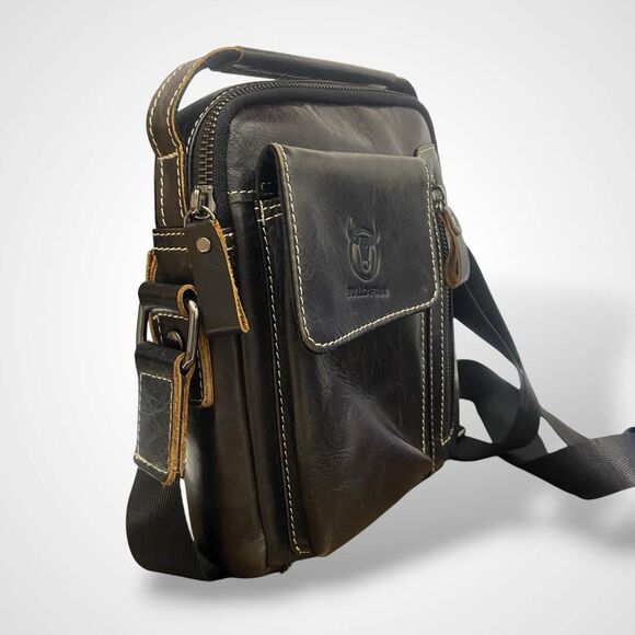 Bull Captain Men Crossbody Bag Distressed Brown Genuine Leather Adjustable Strap - Picture 3 of 8